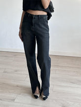 Jean taille haute à fente frontale et jambes longues, pantalon moulant amincissant et droit